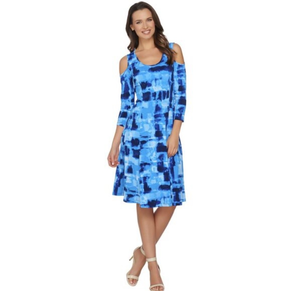 Susan Graver Blue Abstract‎ Tie Dye Liquid Knit Cold Shoulder Dress